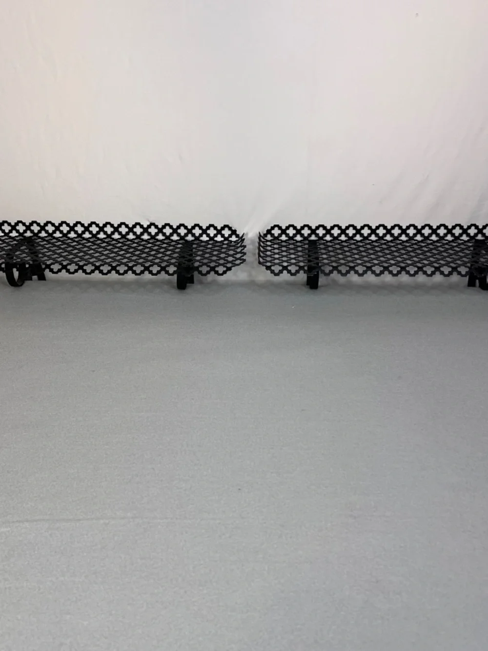 MCM Black Metal Wall Shelf Clover Leaf Lattice Pattern Scalloped Edges Set of 2